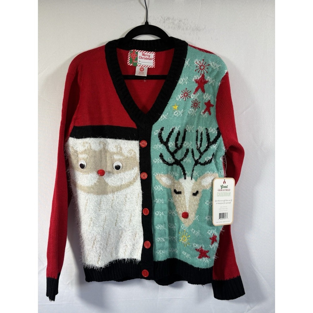Woman's ugly Christmas sweater size M santa reindeer pullover new faux buttons